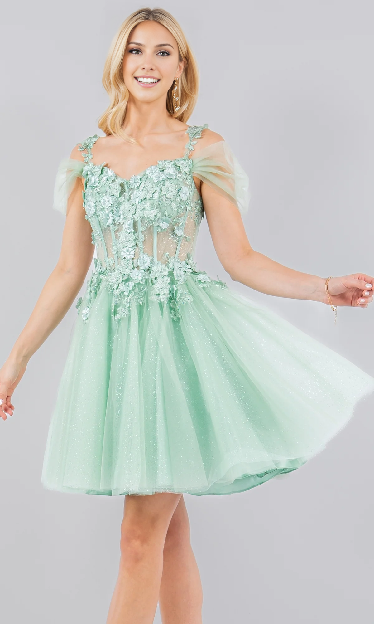 OKBBN short floral sequin sheer sheer sheer tight corset floral multi-layer skirt back to school dress