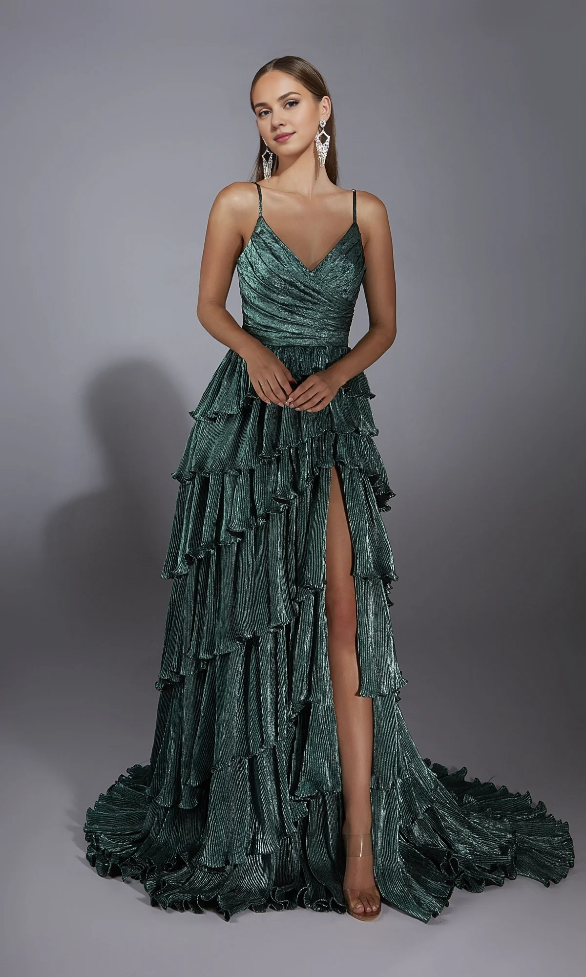 OKBBN Long A-line V-neck Tight corset Layered Ball Dress