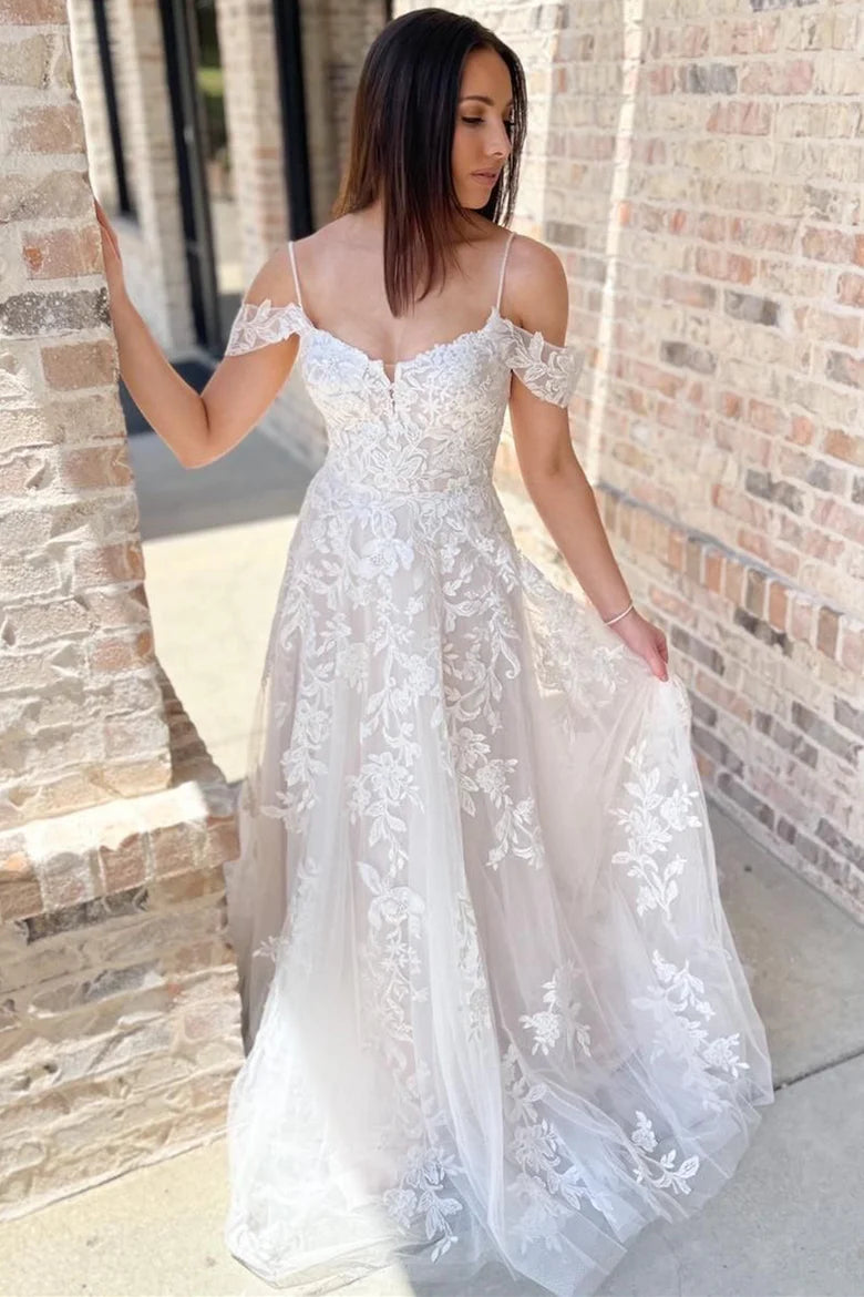 White Lace A-Line Long Wedding Dress