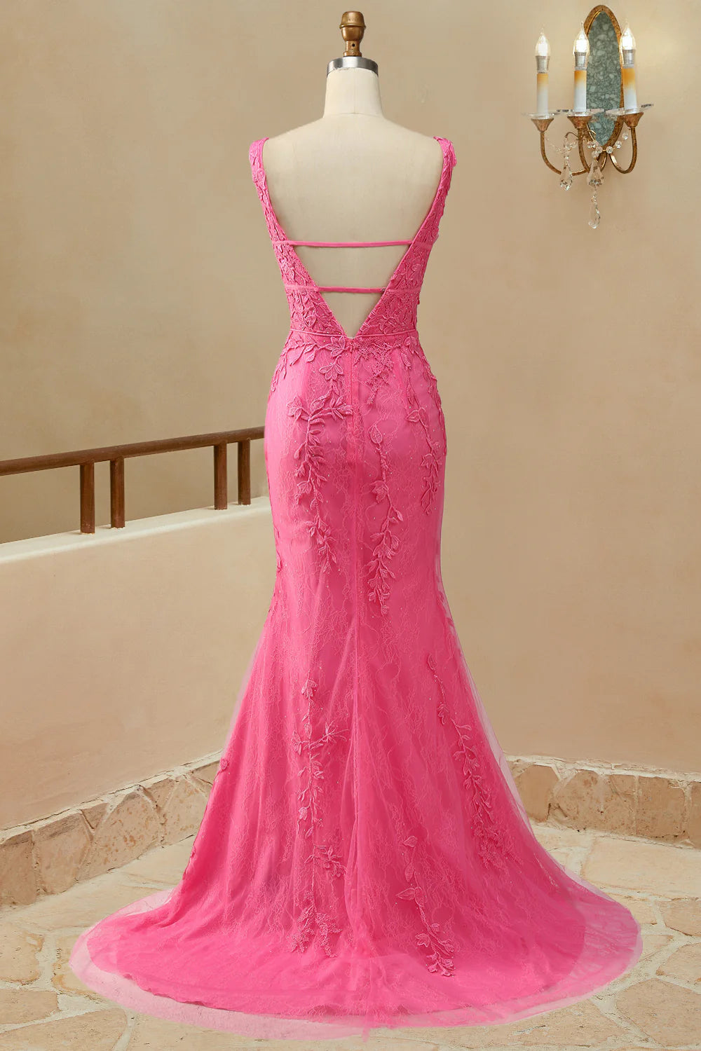 V-neck ball dress with mermaid lace embellishment and decal waistband hem