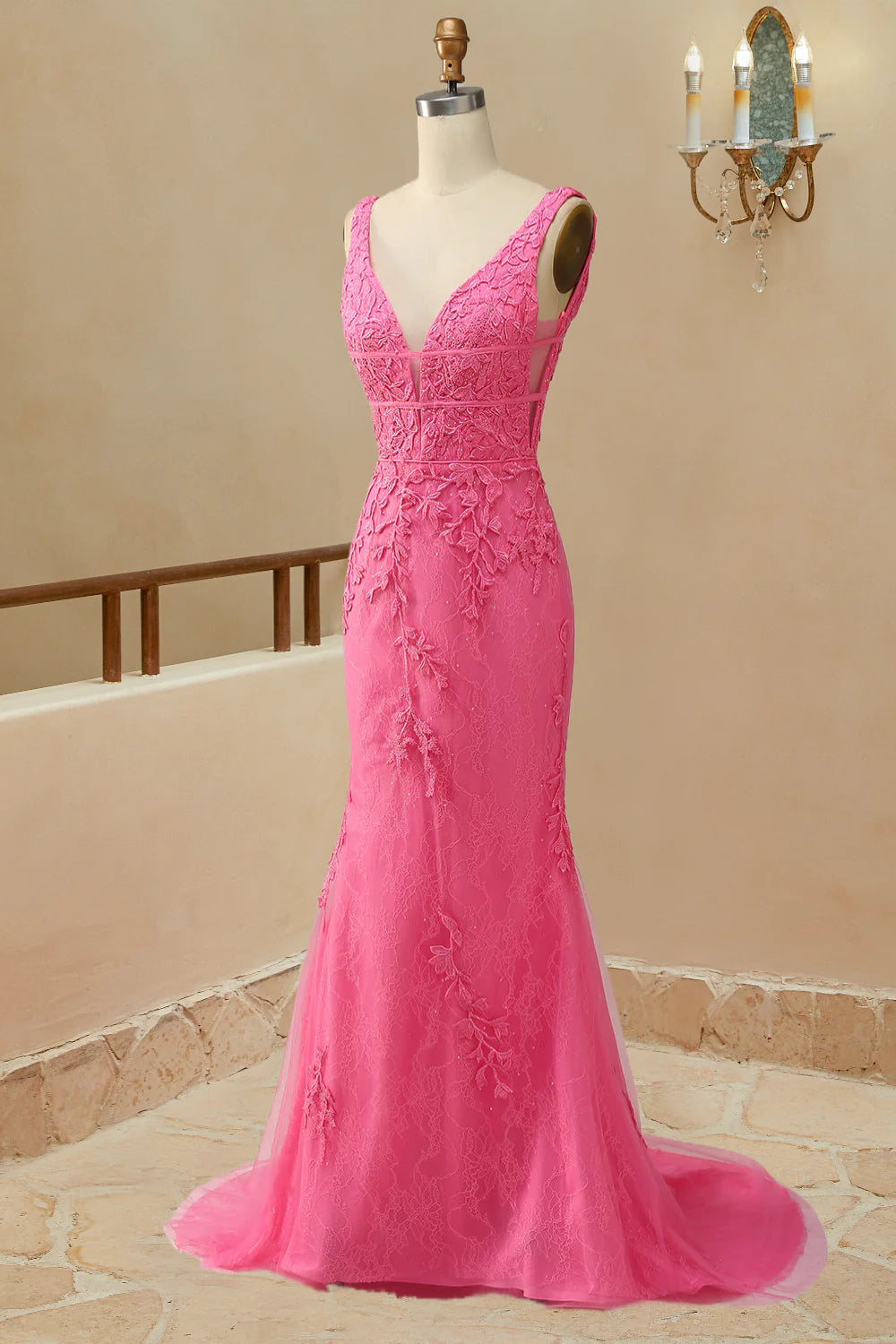 V-neck ball dress with mermaid lace embellishment and decal waistband hem