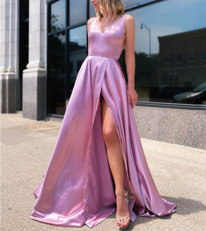 Simple pink satin long prom dress pink long Bridesmaid Dress