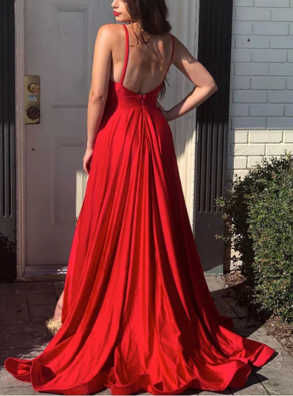 Red satin mermaid long prom dress red long formal dress