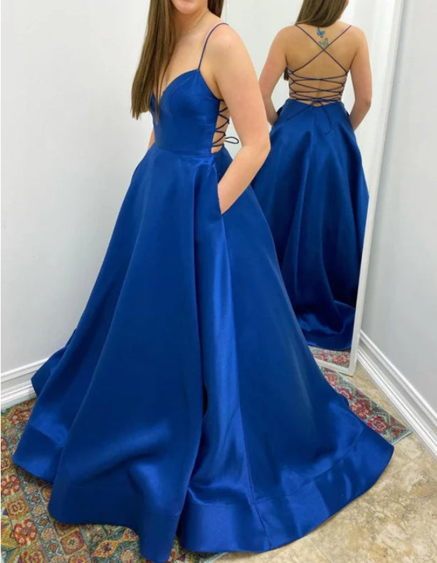 Blue satin backless long prom dress blue evening dress