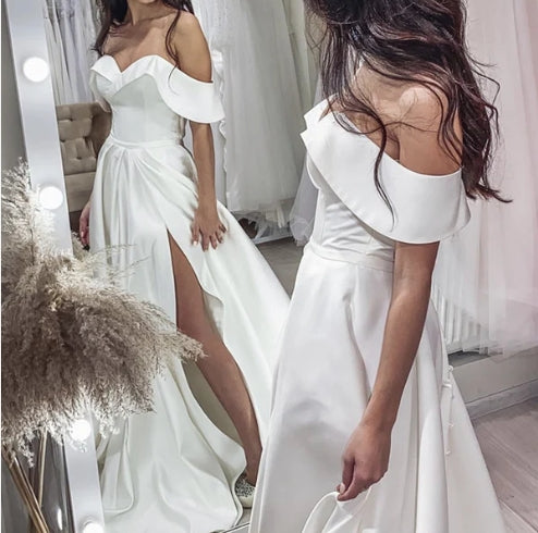 Wedding Dress Satin Split Off Shoulder
