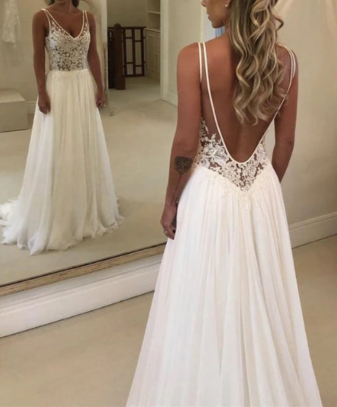 Chiffon Wedding Beach Dresses Lace V Neck