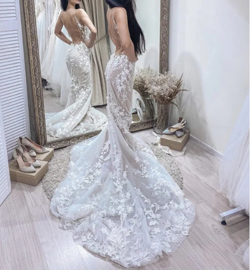 Boho Lace V Neck Mermaid Wedding Dress Open Back