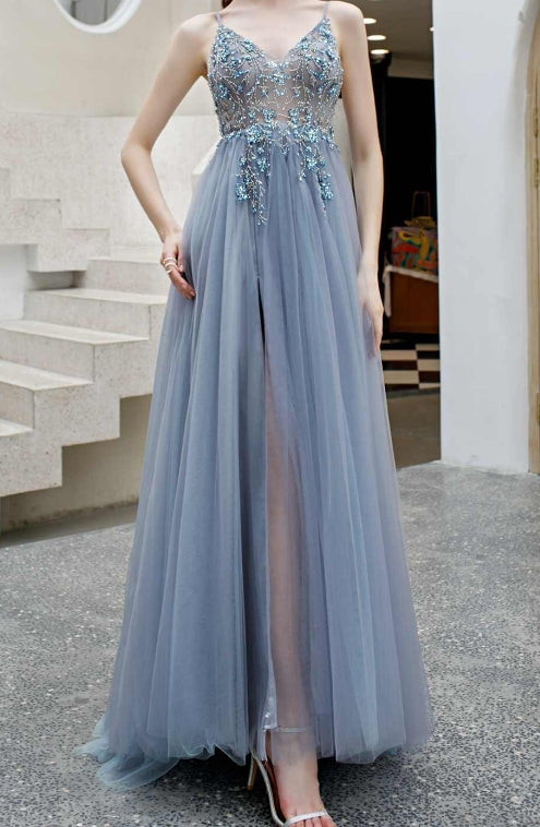 Blue A-line Tulle Formal Evening Dress