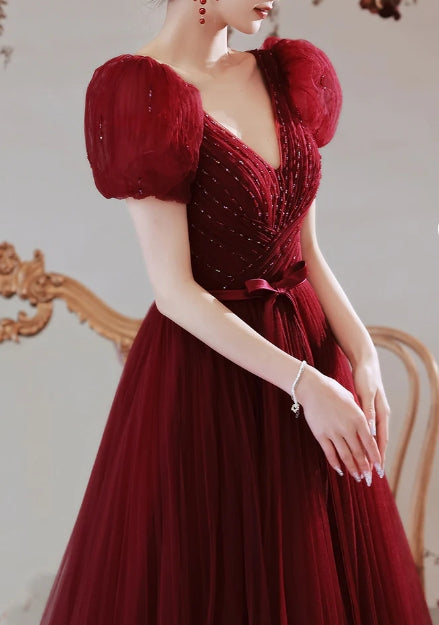Princess Burgundy A-line Tulle Long Evening Dress