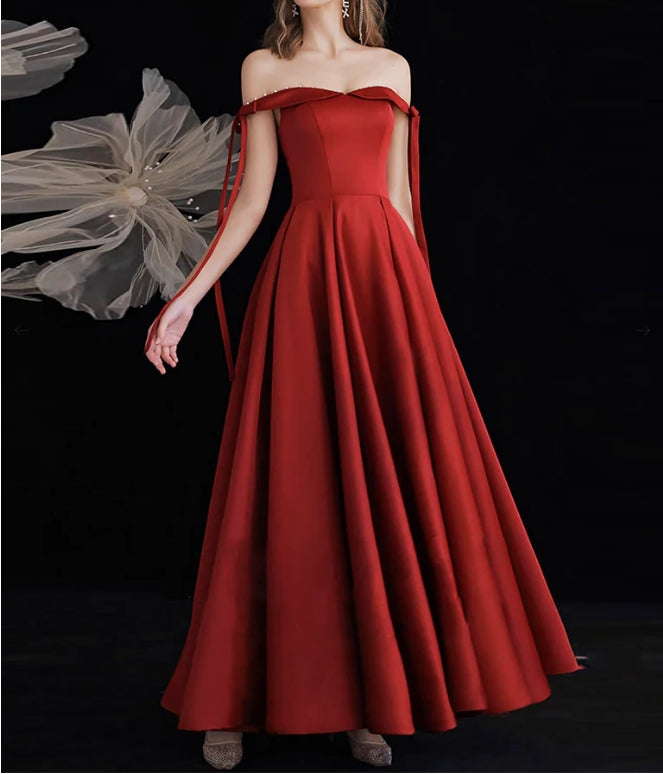Simple Off Shoulder Mermaid Rose Red Long Evening Dress