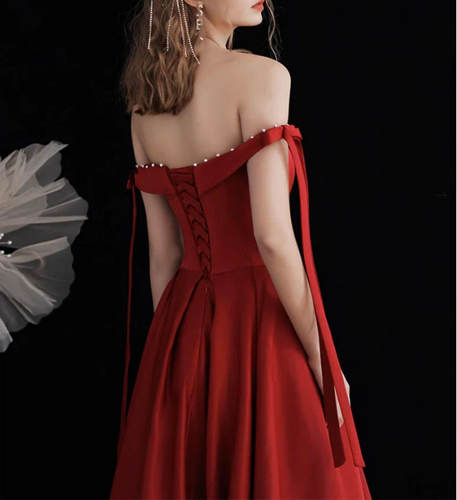 Simple Off Shoulder Mermaid Rose Red Long Evening Dress