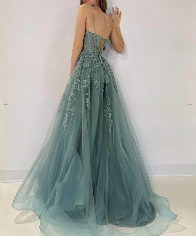 A-Line V Neck Tulle Lace Gray Green Long Evening Dress Gray Green Formal Dress