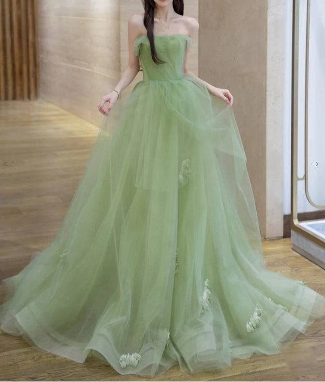 A-Line Tulle Green Long Evening Dress Green Long Formal Dress
