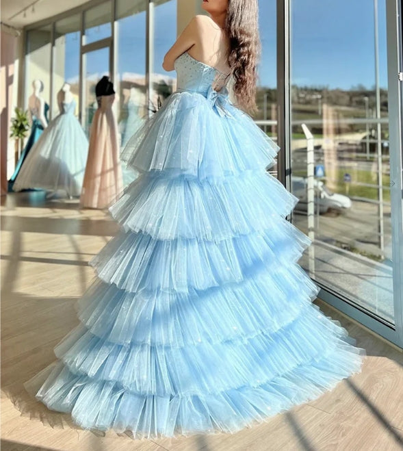 Sweetheart Neck High Low Tulle Blue Evening Dress Blue Tulle Formal Dress
