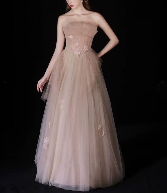 A-Line Champagne Tulle Beads Long Evening Dress Champagne Tulle Long Formal Dress