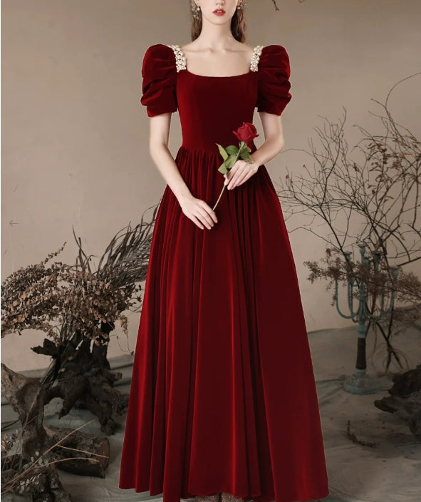 A- Line Velvet Burgundy Long Evening Dress Burgundy Long Formal Dress