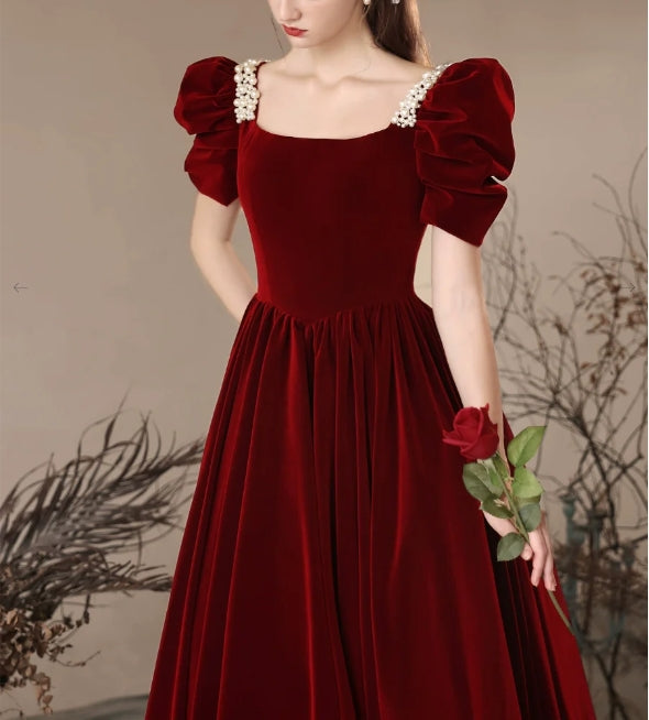 A- Line Velvet Burgundy Long Evening Dress Burgundy Long Formal Dress