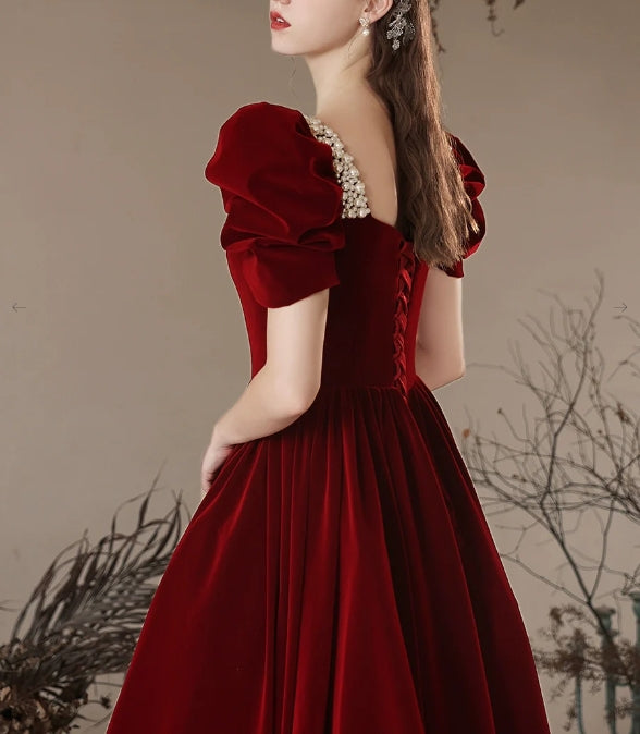 A- Line Velvet Burgundy Long Evening Dress Burgundy Long Formal Dress