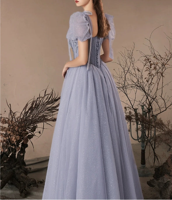 A-Line Sweetheart Neck Tulle Beads Blue Evening Dress Blue Long Evening Dress
