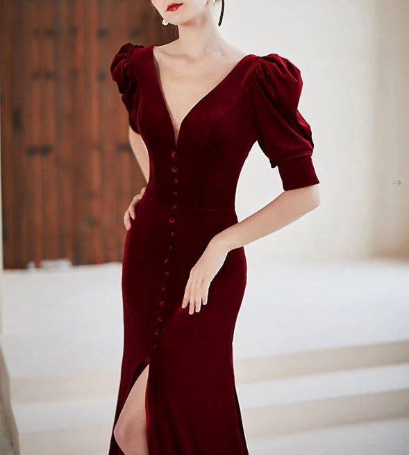Burgundy V neck Velvet Long Evening Dress Burgundy Formal Evening Dress