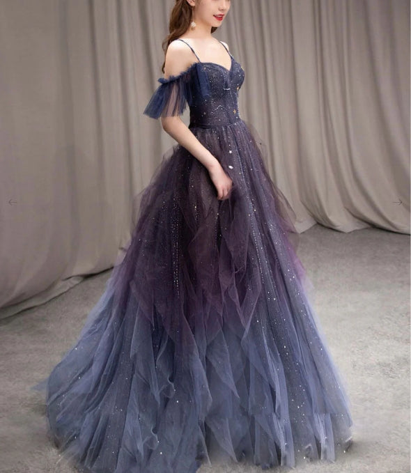 Purple sweetheart neck tulle sequin long evening dress purple evening dress