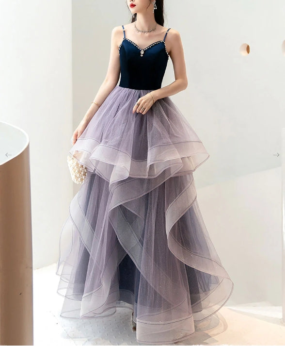 Purple sweetheart neck tulle long Evening dress purple evening dress