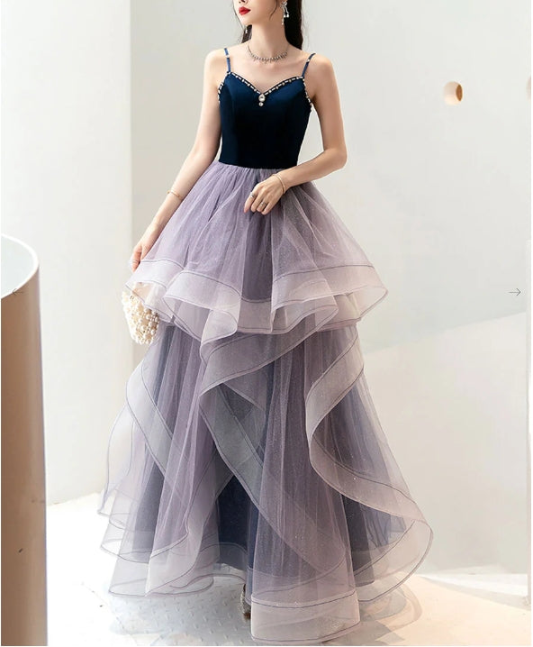 Purple sweetheart neck tulle long Evening dress purple evening dress