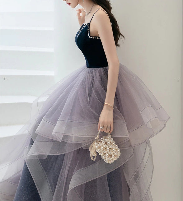 Purple sweetheart neck tulle long Evening dress purple evening dress