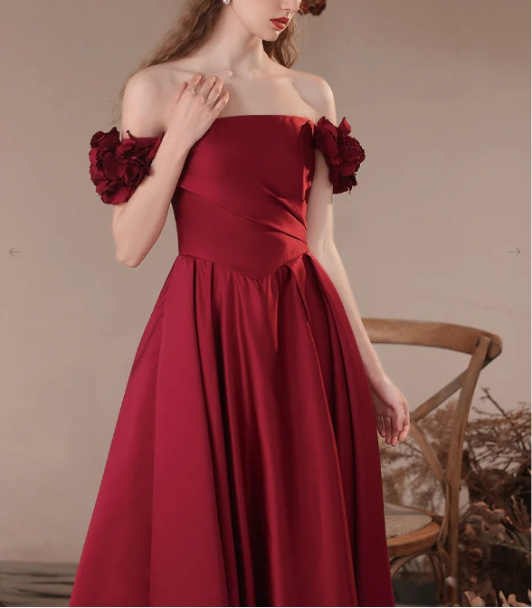 Burgundy A-Line Off Shoulder Satin Long Prom Dress Burgundy Formal Prom Dress