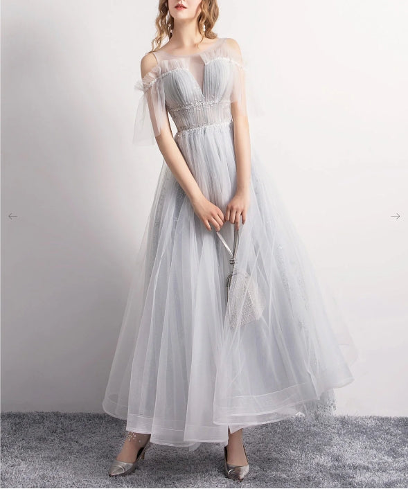 Gray A-Line Tulle Sequin Long Prom Dress Gray Tulle Formal Prom Dress