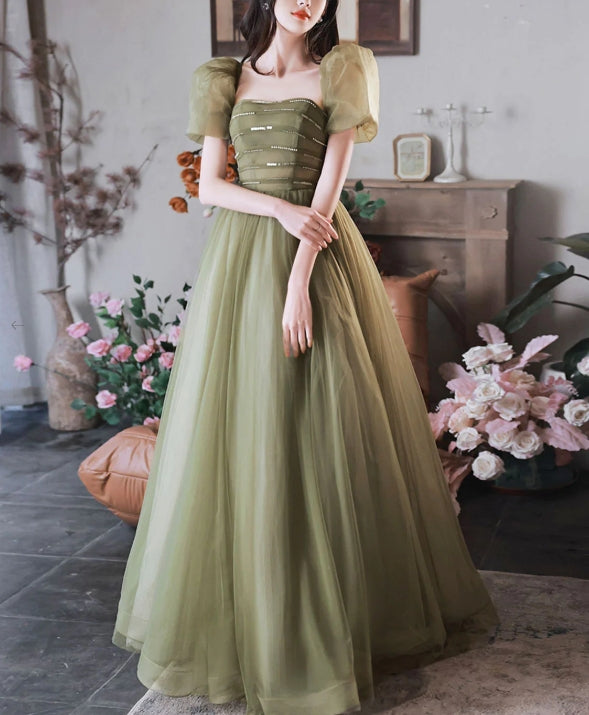 A-Line Green Sequin Tulle Long Prom Dress Green Formal Prom Dress