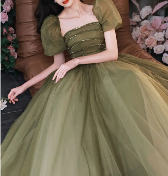 A-Line Green Sequin Tulle Long Prom Dress Green Formal Prom Dress