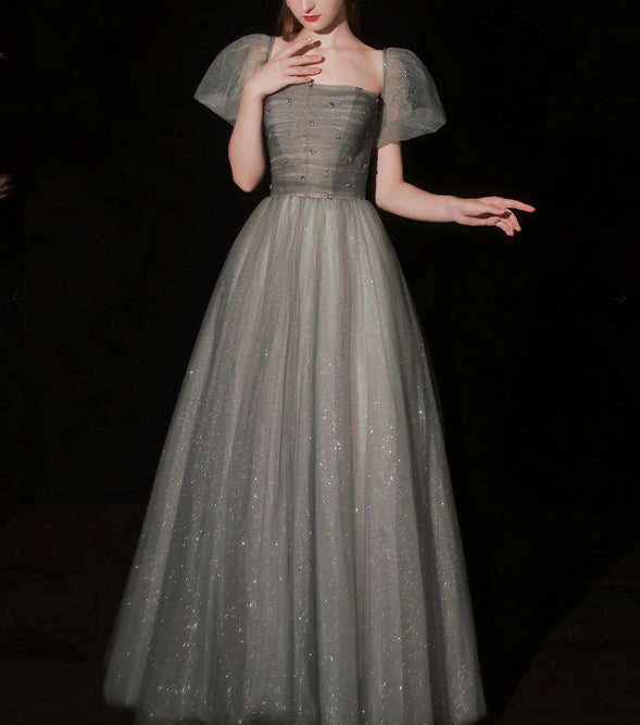 A Line Gray Long Prom Dress Gray Tulle Sequin Prom Dresses