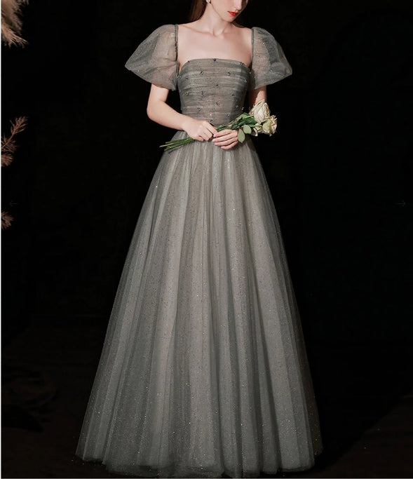 A Line Gray Long Prom Dress Gray Tulle Sequin Prom Dresses
