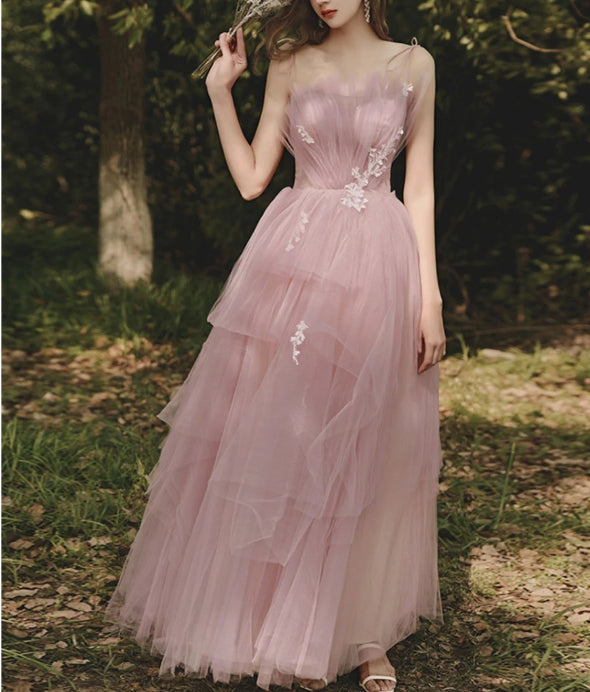 A line Tulle Pink Long Prom Dresses Formal Pink Prom Dress With