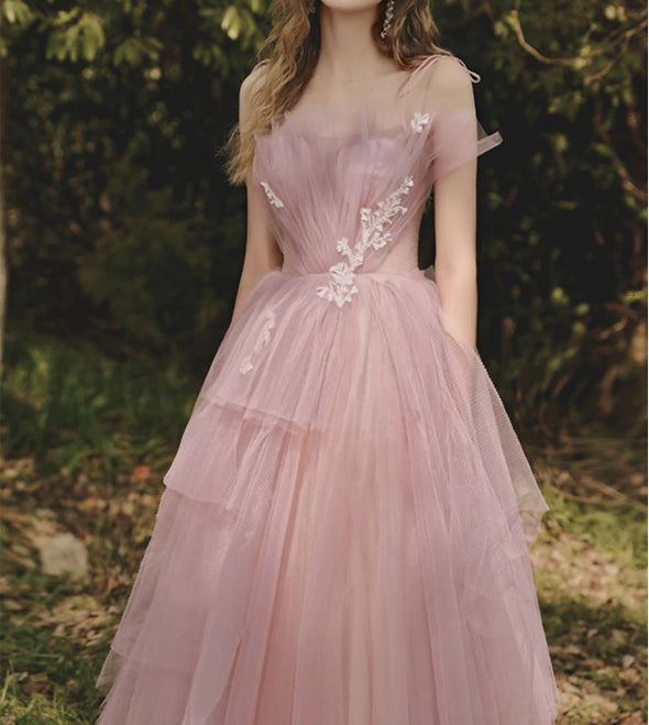 A line Tulle Pink Long Prom Dresses Formal Pink Prom Dress With