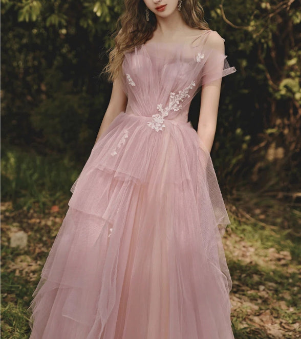 A line Tulle Pink Long Prom Dresses Formal Pink Prom Dress With