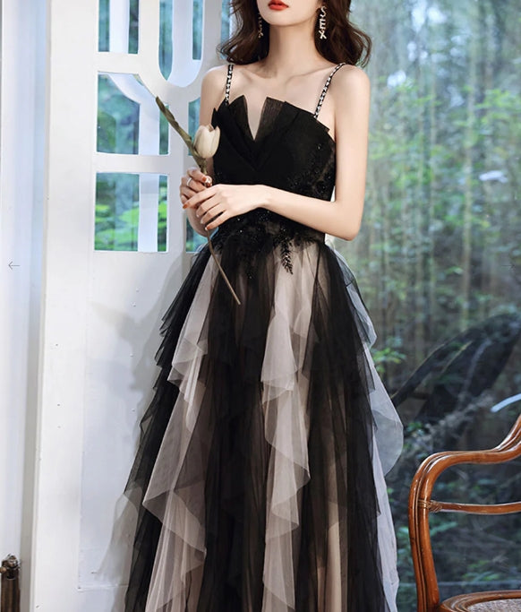 Black Aline tulle long prom dress black lace formal prom dress