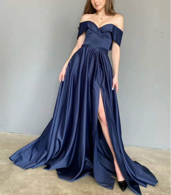 Simple blue off shoulder satin long prom dress blue prom dress