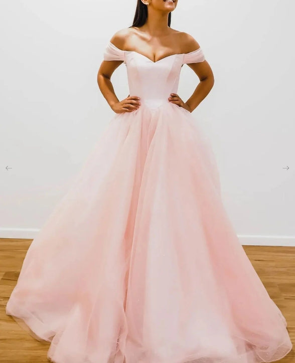 Pink off shoulder tulle long prom dress pink A line prom dress