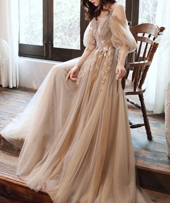 Champagne v neck tulle long prom dress champagne prom dress