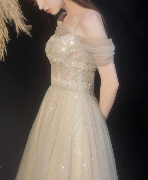 Champagne tulle sequin long prom dress tulle formal prom dress