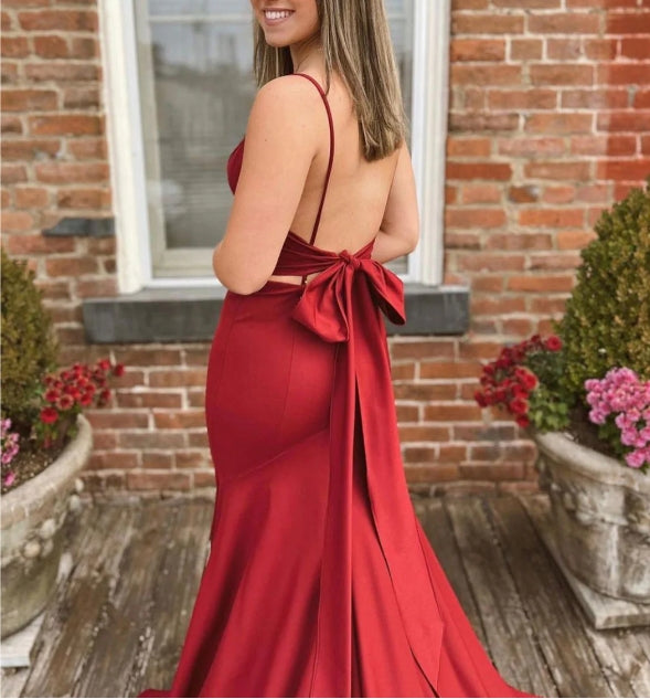 V neck satin burgundy long prom dress prom dress