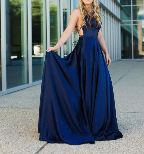 Simple blue satin long prom dress blue backless prom dress