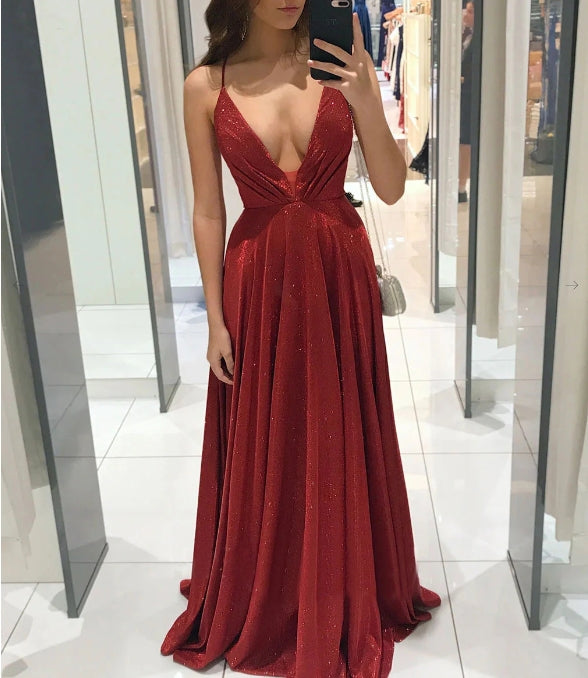 Simple v neck A line long prom dress burgundy prom dress