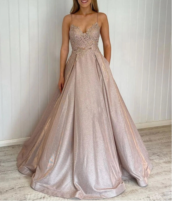 Champagne lace A line satin long prom dress prom dress