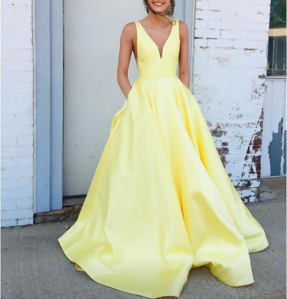 Simple v neck satin long prom dress, yellow evening dress