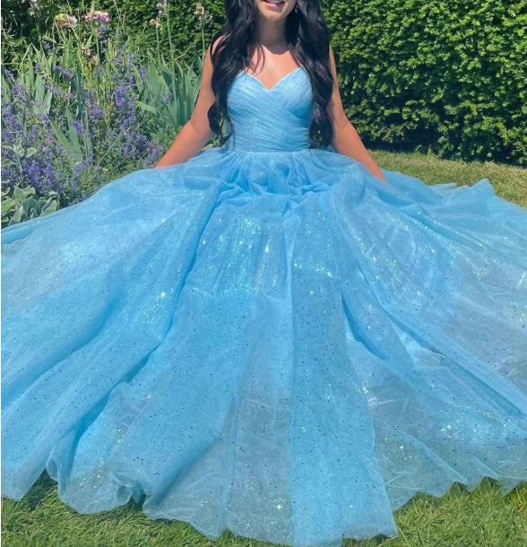 Simple v neck blue tulle sequin long prom dress blue prom dress