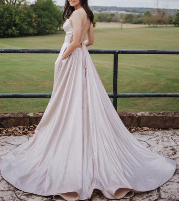 Light pink A-line satin long prom dress pink prom dress