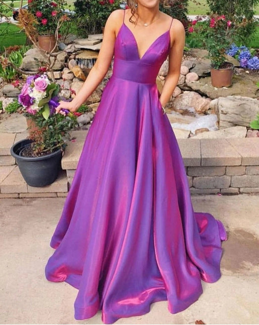 Simple purple red satin long prom dress purple prom dress